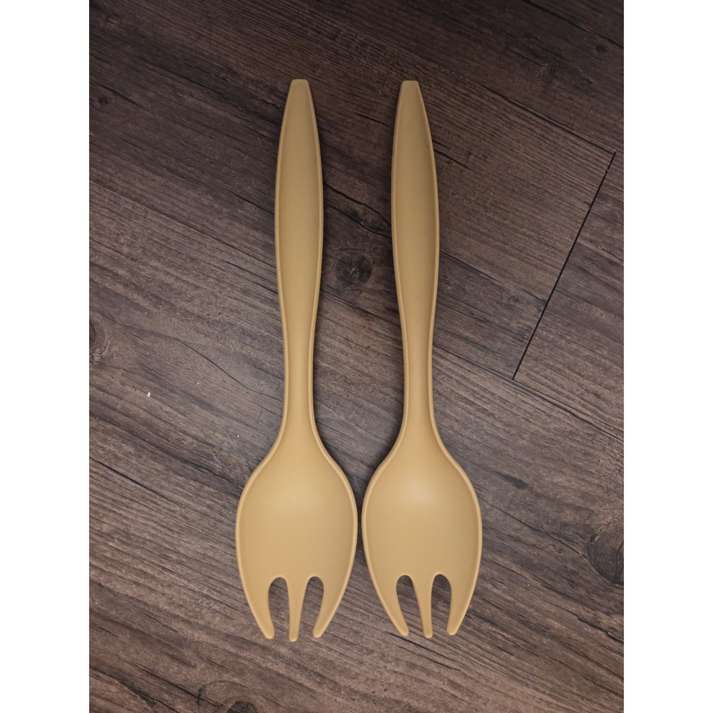 Vintage Tupperware Salad Serving Utensils 12'' Fork Spoon Set of 2 Harvest Gold